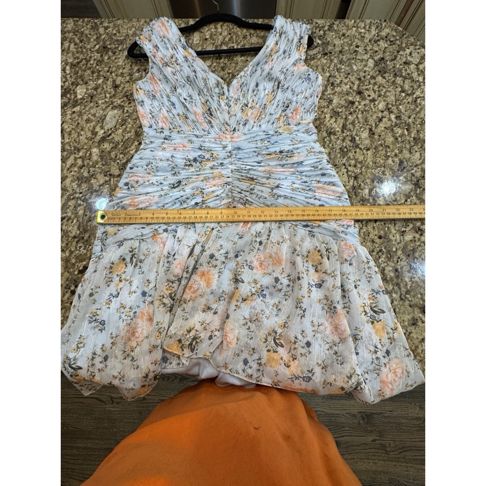 Mac Duggal Floral Print Ruched Cap Sleeve High Low Gown Blue Multi Size 6 - Picture 12 of 13